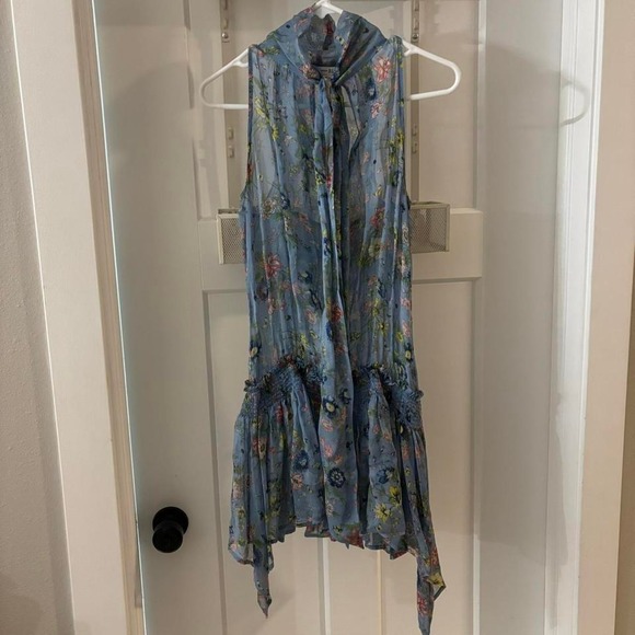 Blue floral silk Zara tunic blouse with tie neck and ruffles Small - Picture 1 of 8